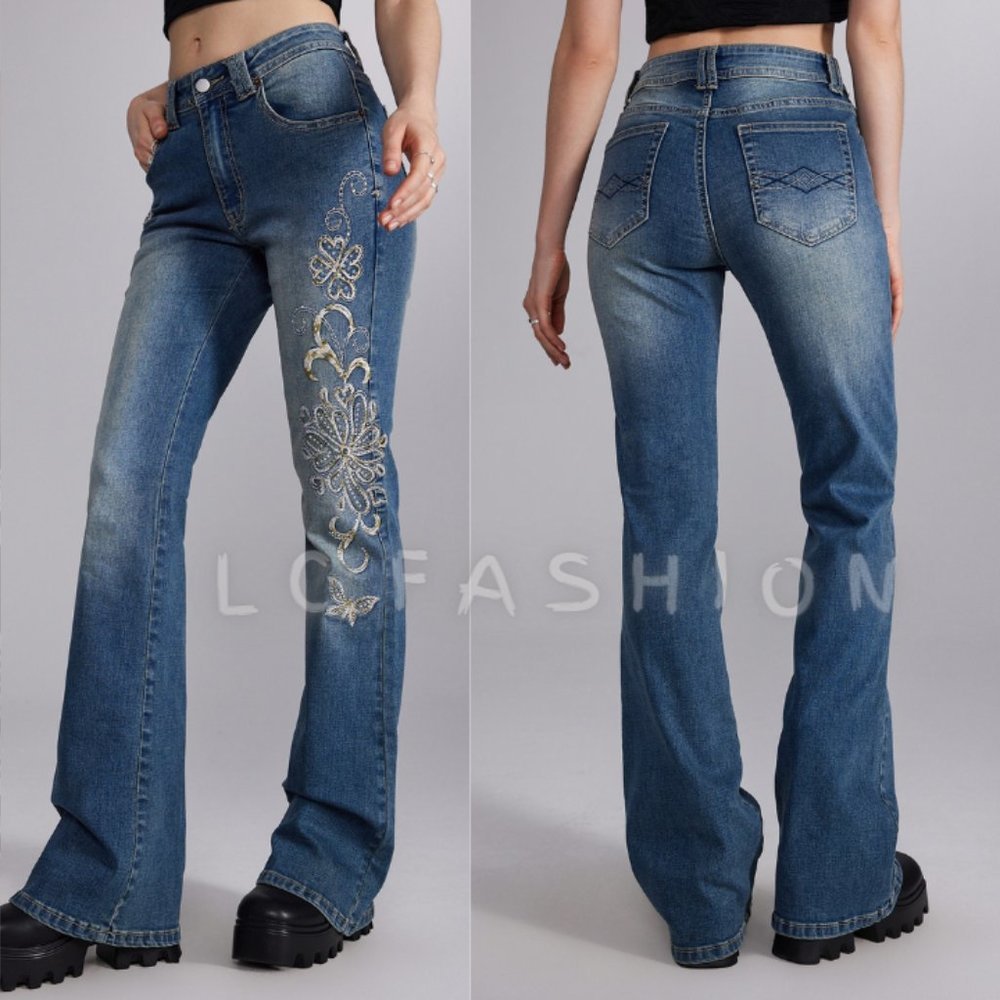 Flare leg Embroidery Jeans, Drop waist Fairycore Butterfly Embroidery flare Jean - Picture 1 of 6